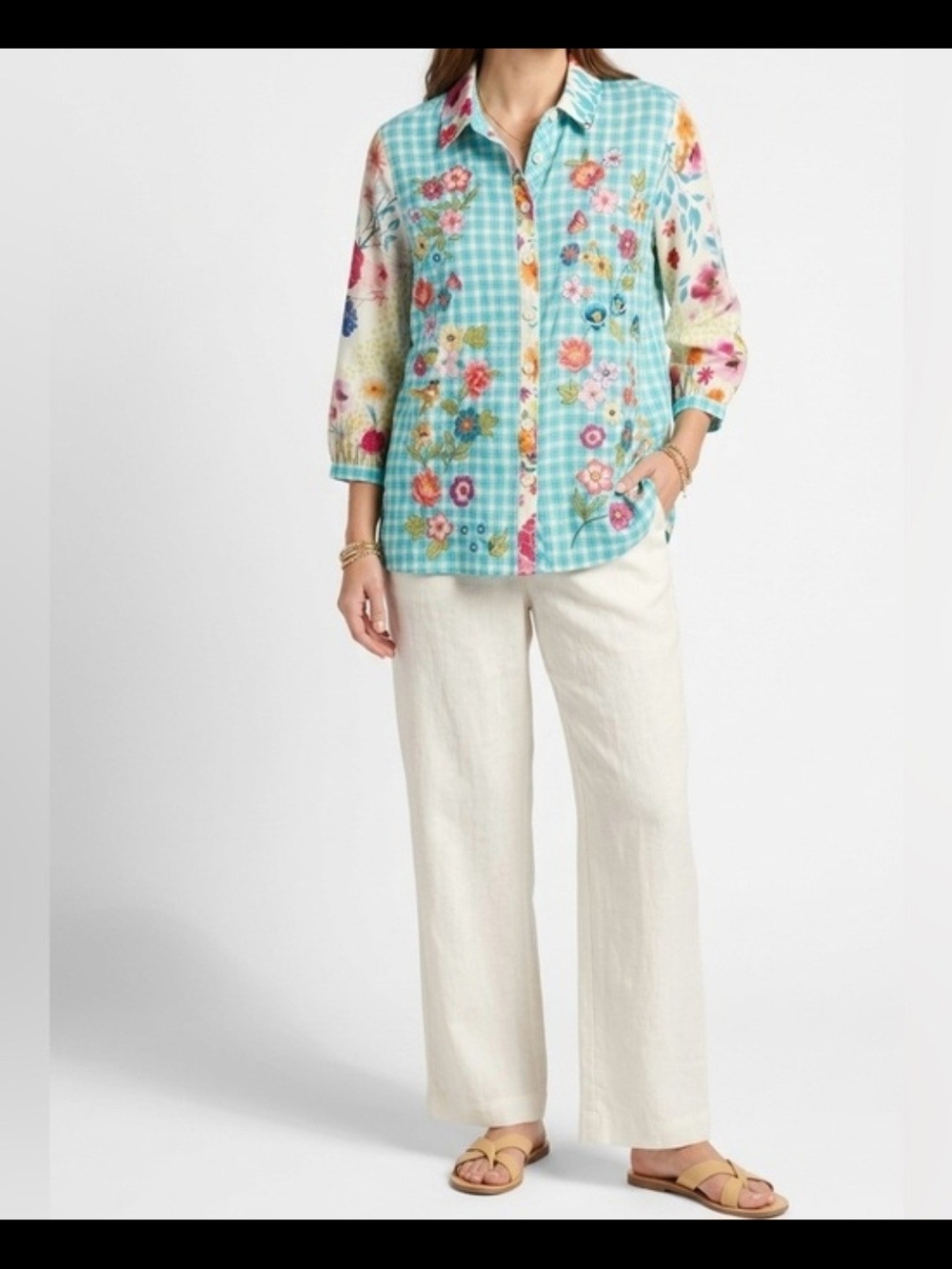 John Mark Womens Embroidered 100% Linen Plaid Floral Bird Blouse Button Boho. PM